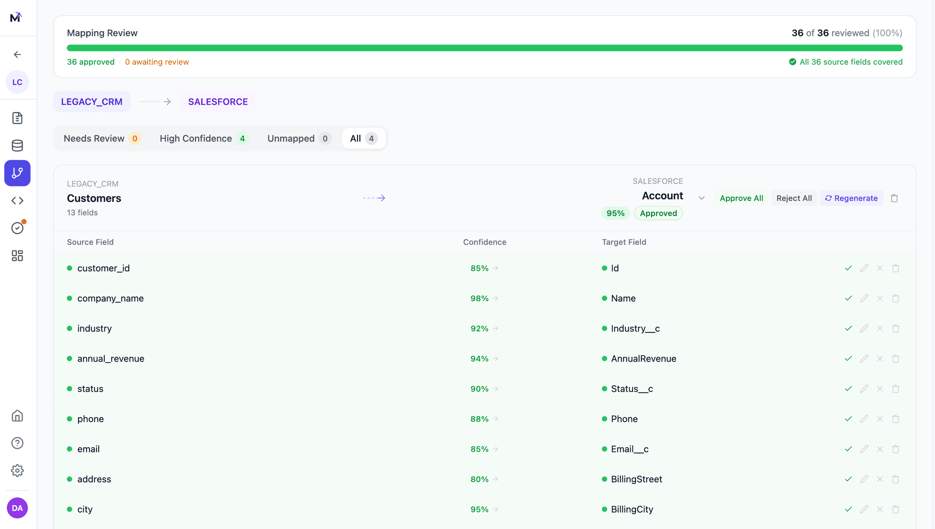 Settle mapping review with AI-generated field mappings and confidence scores