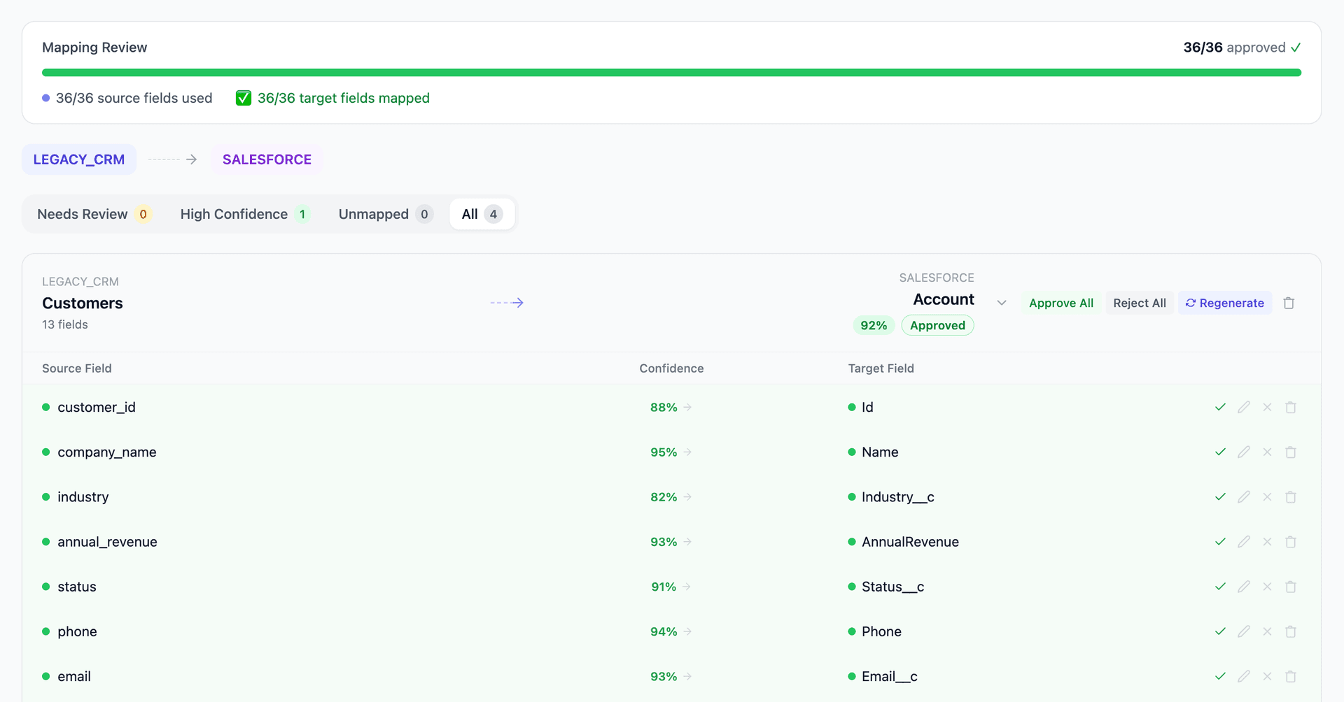 Settle mapping review showing AI-generated field mappings with confidence scores for Clio to iManage migration